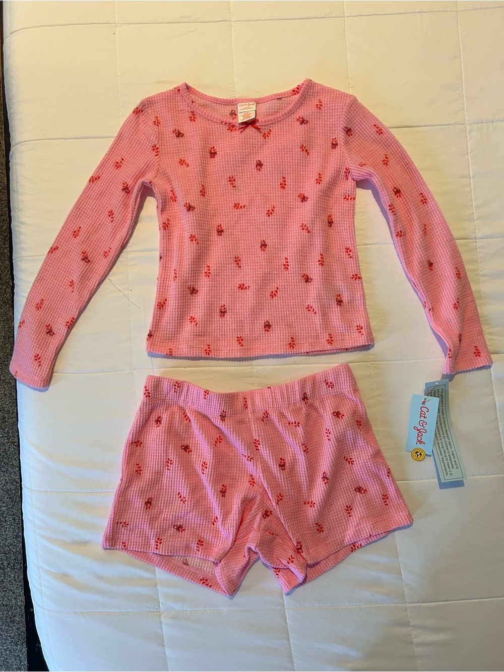 Cat & Jack Pink Candy Cane Thermal Pajama Set - Long Sleeve Top & Shorts